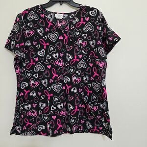 SCRUBSTAR size Large V Neck Heart‎ Print Short Sleeve Scrub Top Black Pink